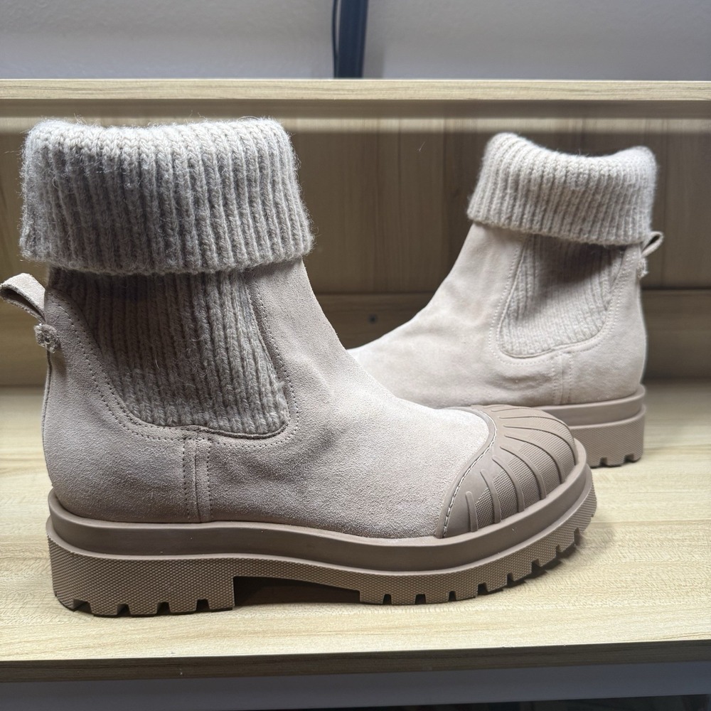 Sam Edelman Steele‎ Knit Chelsea Boot Chunky Lug Sole Suede Leather Cozy Tan 10 - Picture 2 of 9